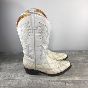 Herencia Ostrich Quilted Leather Cowboy Western Men's White Pull On Boots Size 8